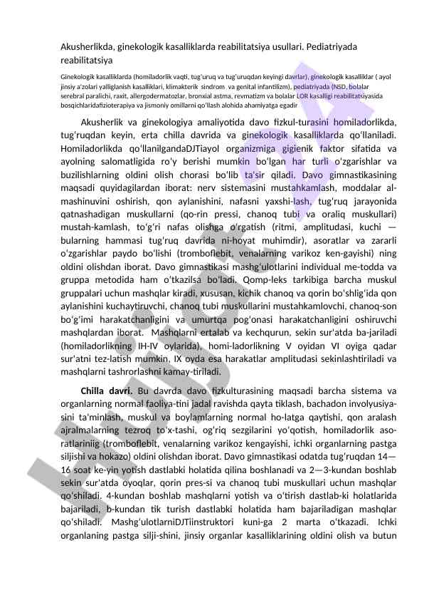 Ginekologik kasalliklarda reabilitatsiya usullari