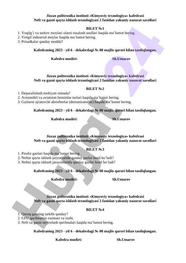 Neft Va Gazni Qayta Ishlash Texnologiyasi Savollari