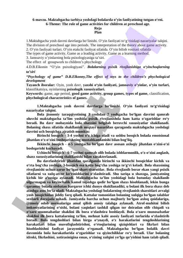 Maktabgacha tarbiya yoshidagi bolalarda o’yin faoliyati