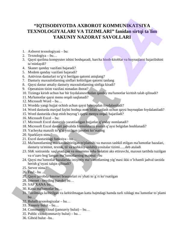 Axborot texnologiyalari bo'yicha nazorat savollari