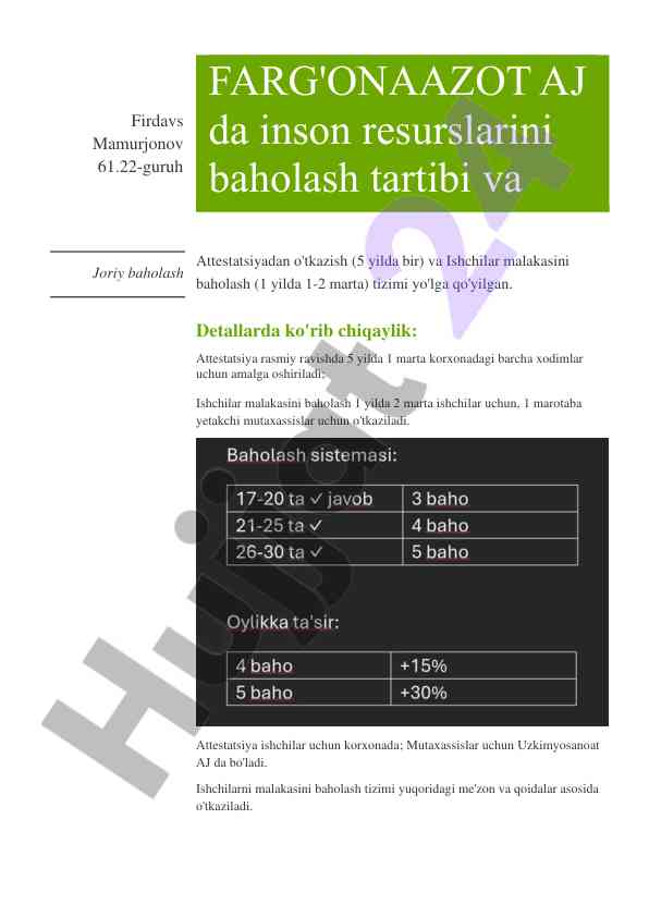 Inson resurslarini baholash tizimi va attestatsiya