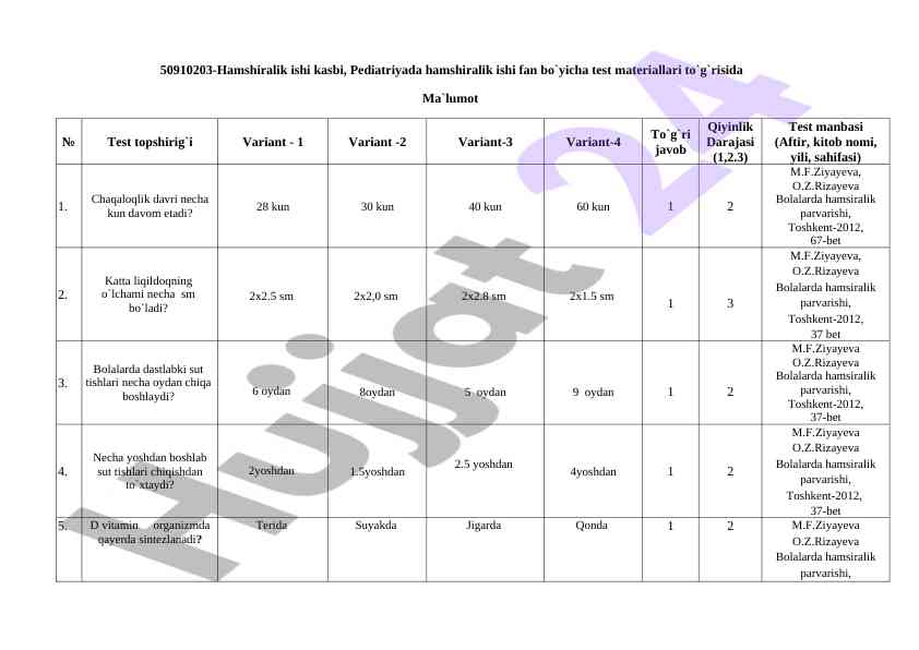 Pediatriyada hamshiralik ishiga oid test materiallari