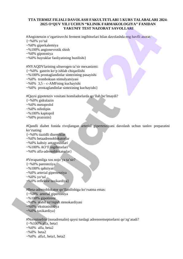 Klinik farmakologiya fanidan yakuniy test nazorat savollari