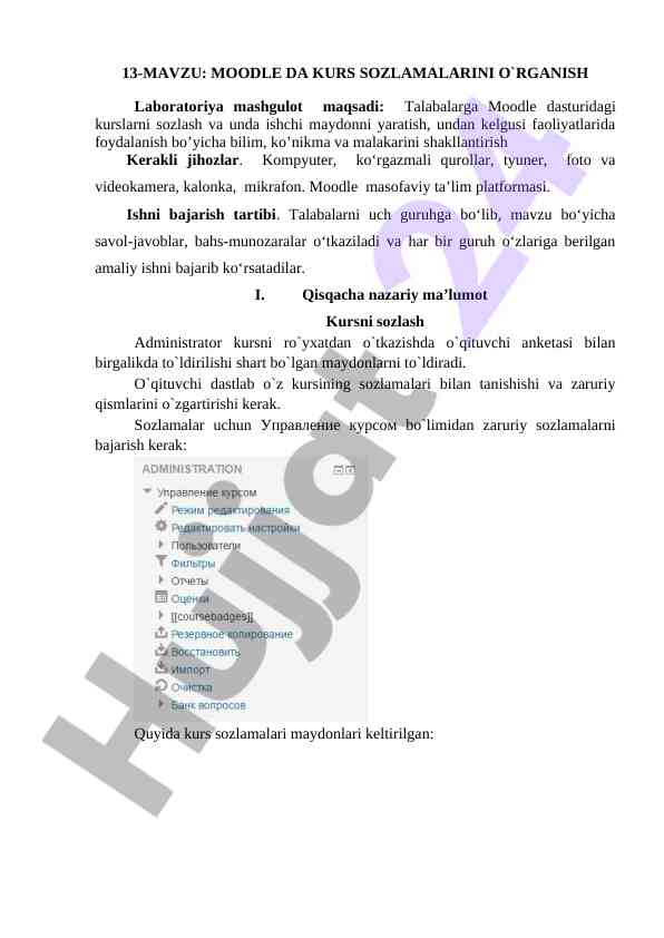Moodle dasturida kurs sozlamalarini o‘rganish