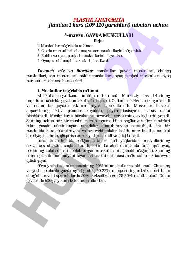 Gavda muskullari haqida ta'limot rejasi