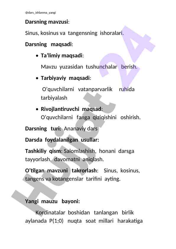 Sinus, kosinus va tangensning ishoralari