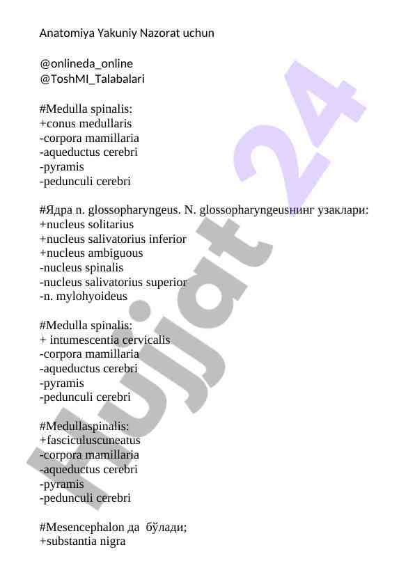 Anatomiya yakuniy nazorat uchun taqdimot
