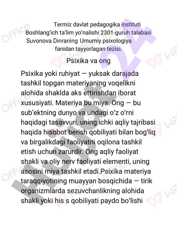 Psixika va ongning alohida xususiyatlari