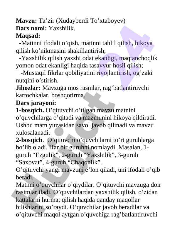 Yaxshilik haqida dars ishlanmasi
