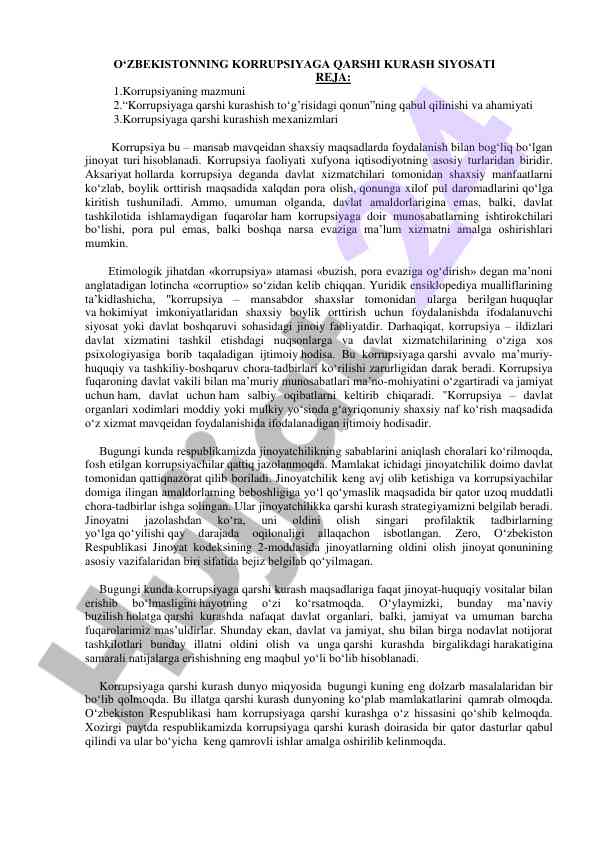 O‘zbekistonda korrupsiyaga qarshi kurash siyosati