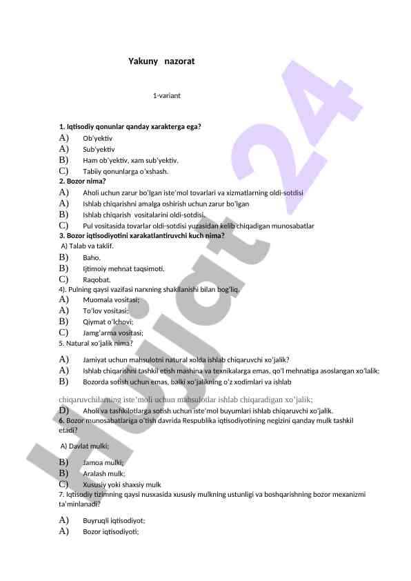Iqtisodiy qonunlar va bozor iqtisodiyoti testi