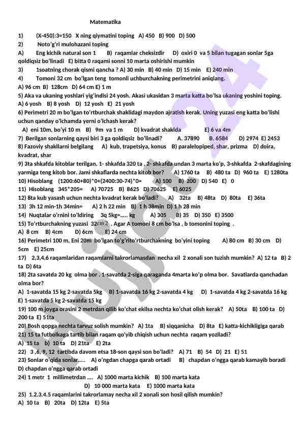 Matematika testlari va savollari