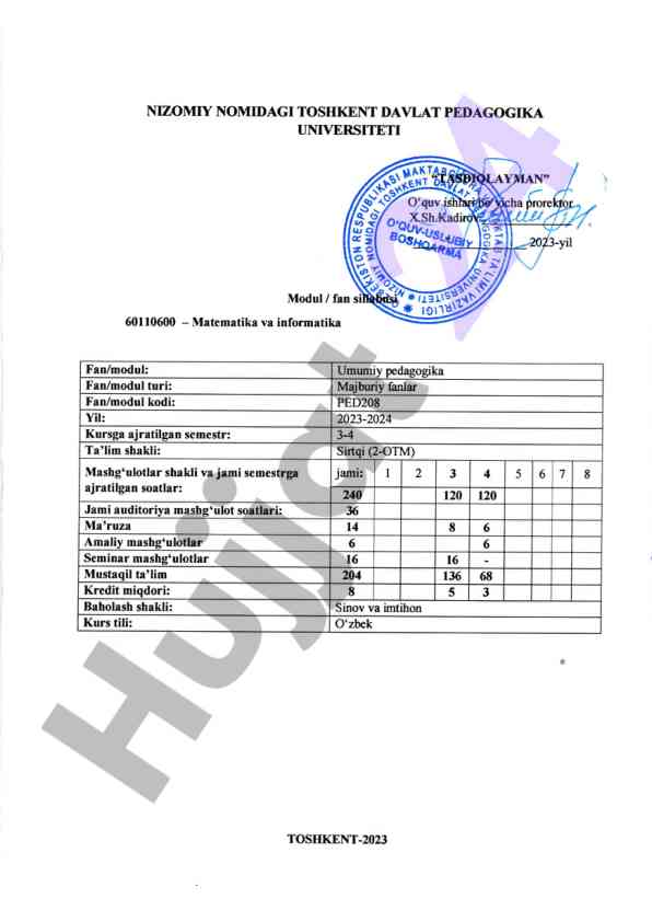 Umumiy pedagogika fanining ishchi o‘quv dasturi