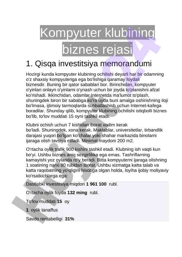Kompyuter klubining biznes rejasi va investitsiya