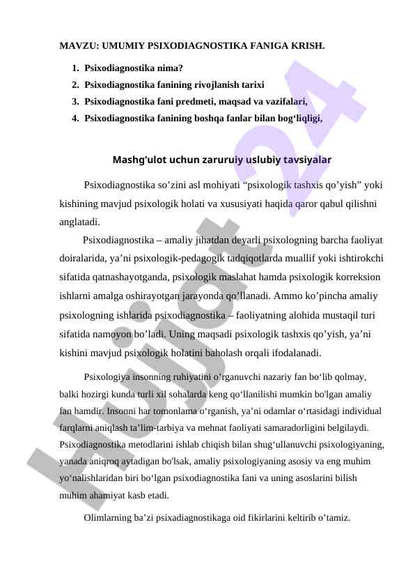 Psixodiagnostika fani ijodiy tadqiqotlar