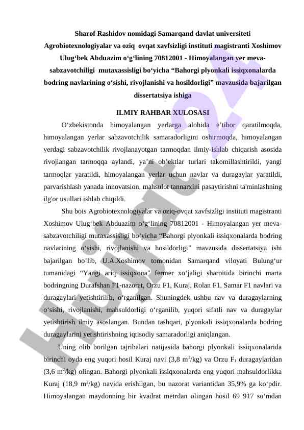 Bahorgi Plyonkali Issiqxonalarda Bodring Navlari