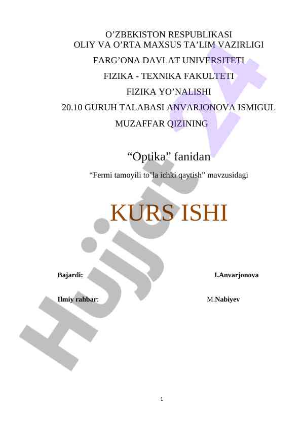 Fermi tamoyili to’la ichki qaytish mavzusi