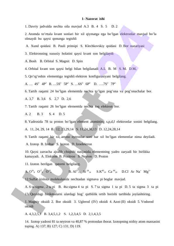 Kimyo nazorat ishida savollar