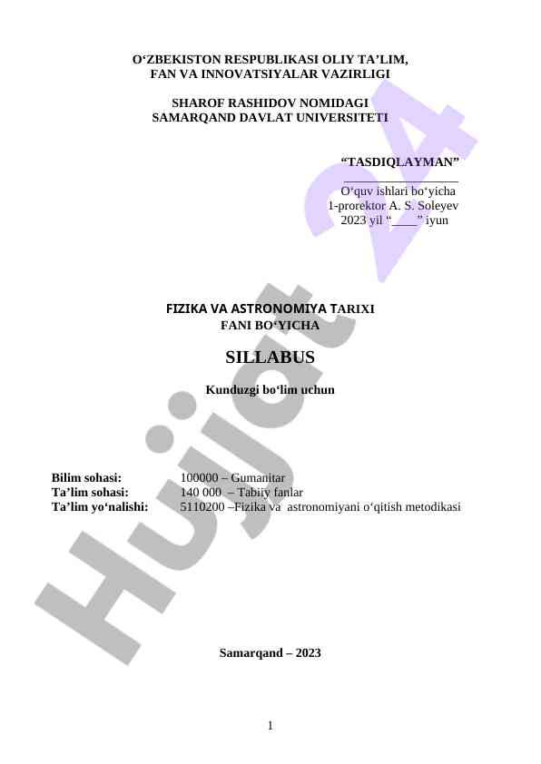 Fizika va astronomiya tarixi fani bo‘yicha sillabus