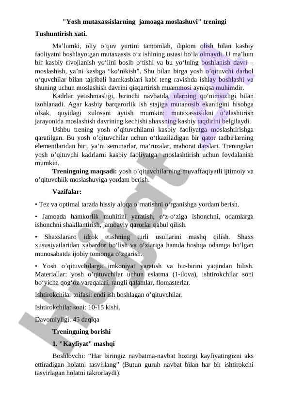 Yosh o‘qituvchilar uchun kasbiy moslashuv treningi