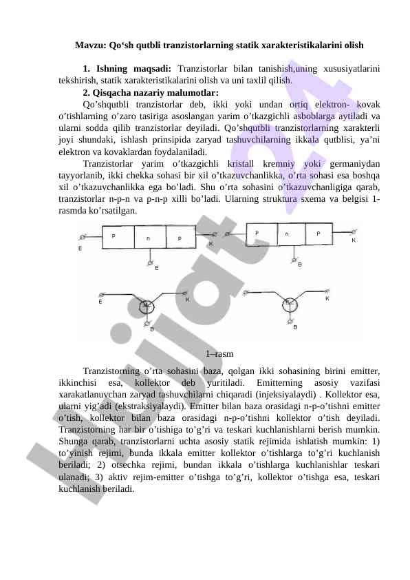 Qo'sh qutbli tranzistorlarning statik xarakteristikasi