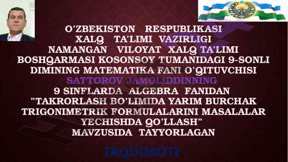Algebra fanidan trigonimetrik formulalar taqdimoti