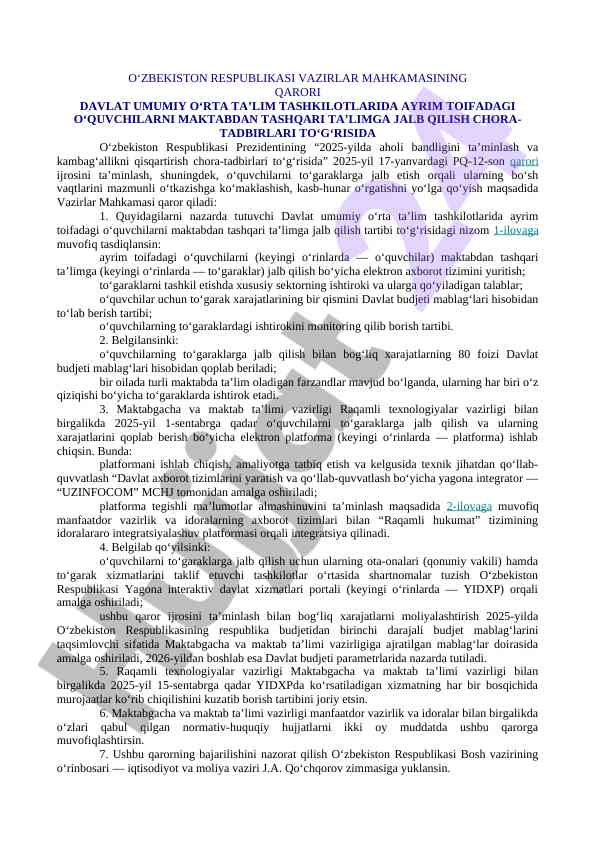 Maktabdan tashqari ta’limga jalb qilish tartibi