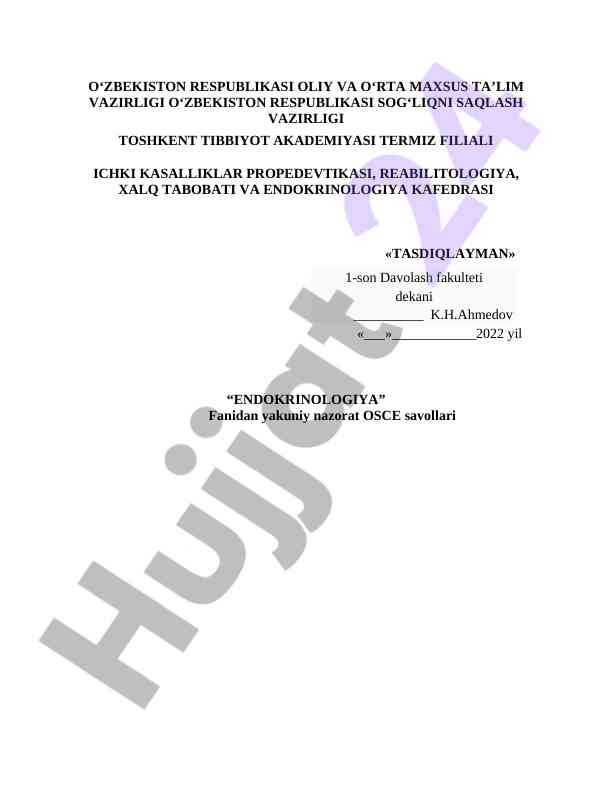 Endokrinologiya fanidan yakuniy nazorat osce savollari