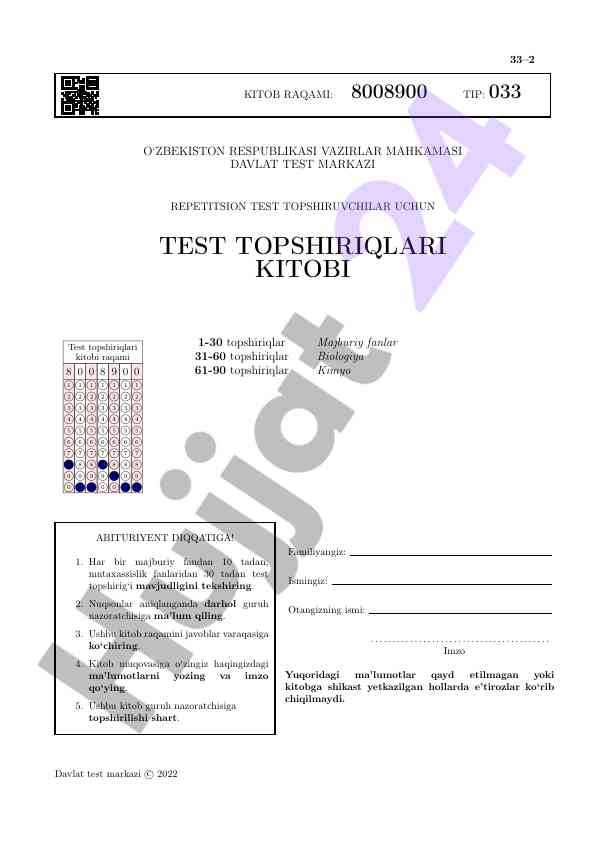 Test topshiriqlari kitobi mavzusi bo‘yicha