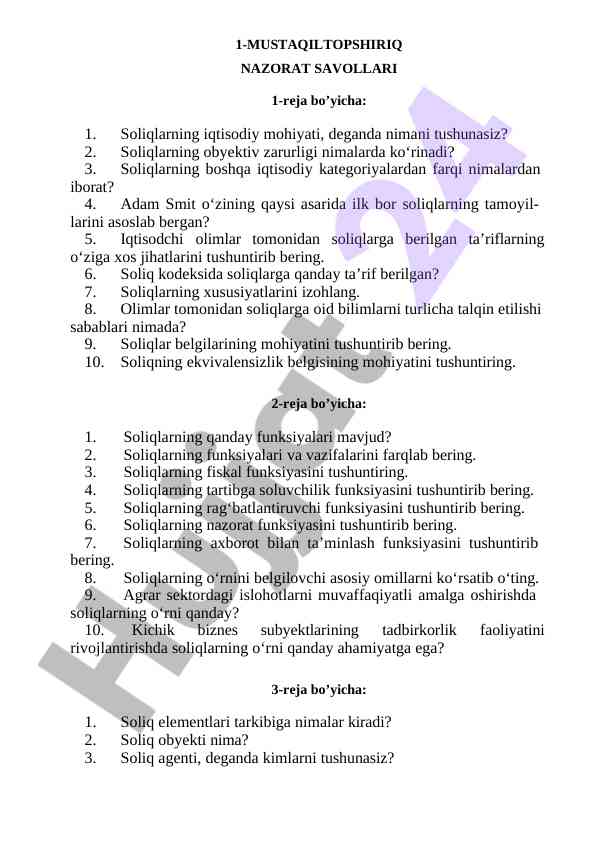 Soliqlarning iqtisodiy mohiyati va funksiyalari