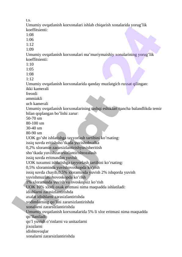 Umumiy ovqatlanish korxonalari yorug'lik koeffitsienti