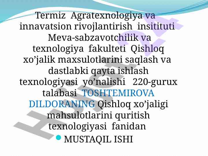 Chuchuk qalampirni quritish texnologiyasi sxemasi