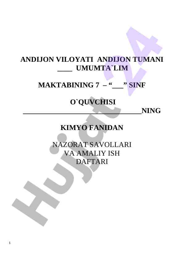Kimyo fanidan nazorat savollari va amaliy ish daftari