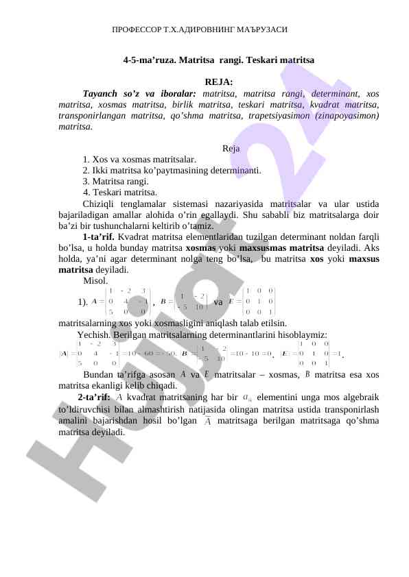 Matritsa Rangi Va Teskari Matritsa