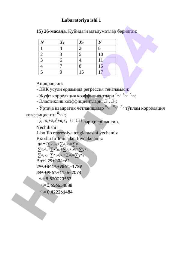Regressiya tenglamasi va korelyatsiya koefitsienti