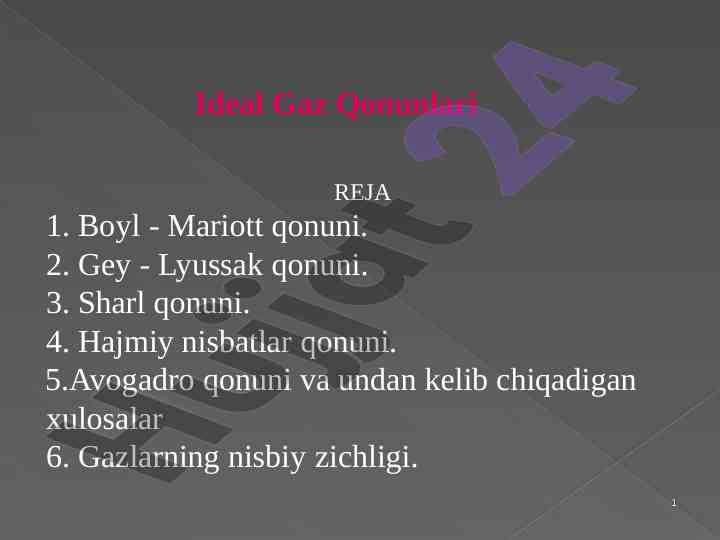 Gaz qonunlari bo'yicha muhim jadvallar