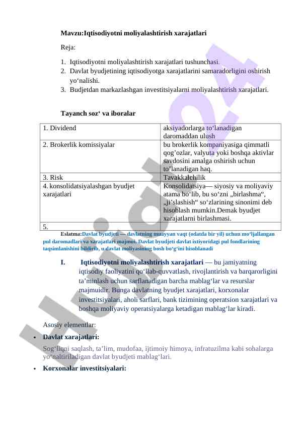 Iqtisodiyotni moliyalashtirish xarajatlari tahlili