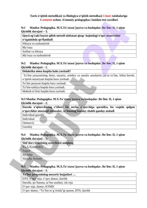 Umumiy pedagogika fanidan test savollari