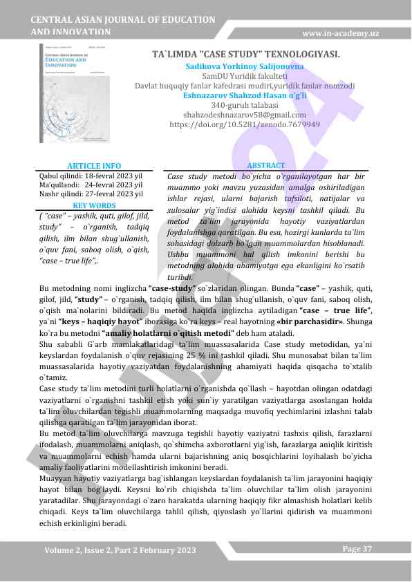 Ta'limda case study texnologiyasi tahlili
