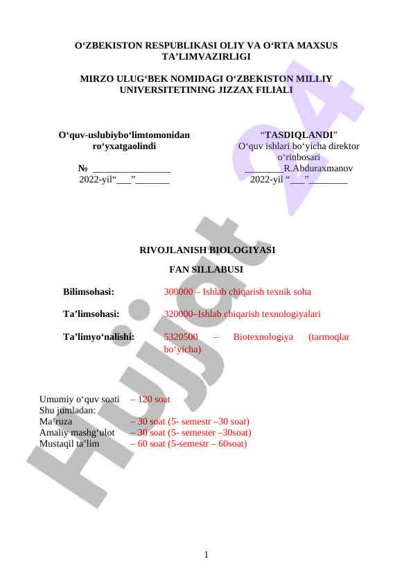 Rivojlanish biologiyasi fan sillabusi