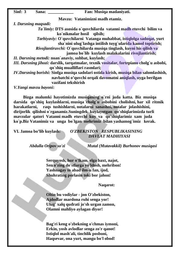 Vatanimizni madh etamiz mavzusida musiqa darsi