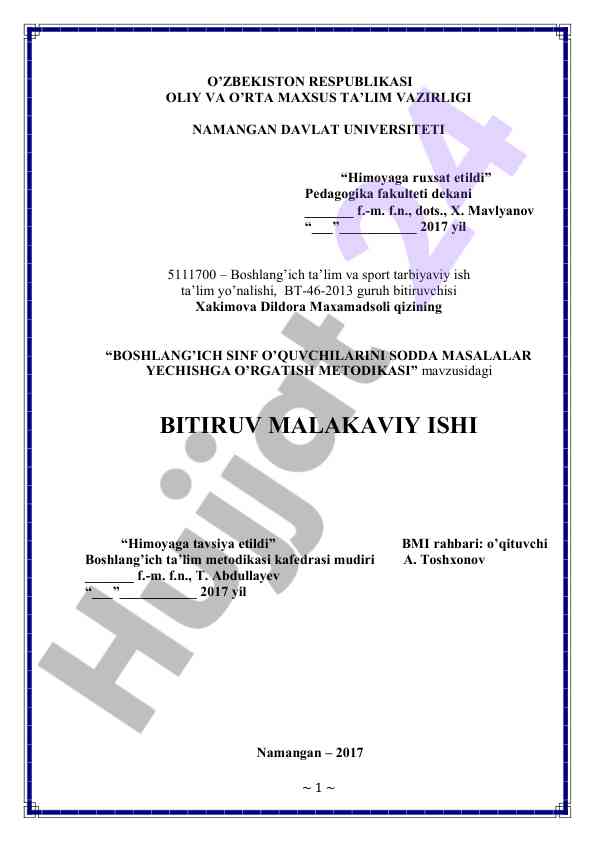 Boshlang'ich sinf o'quvchilarini masalalar yechish metodikasi