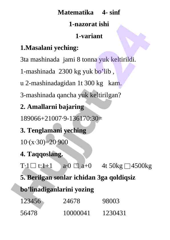 Matematika 4-sinf 1-nazorat ishi 1-variant