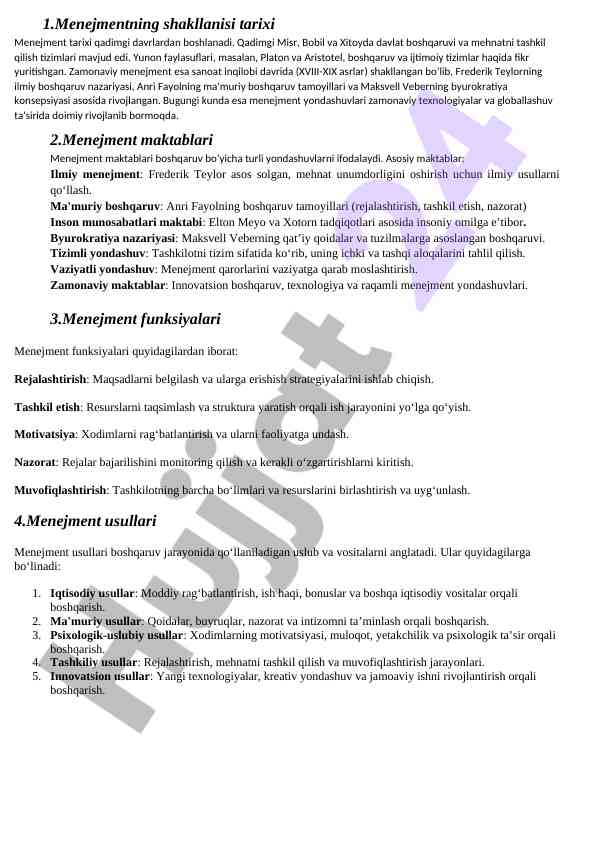 Menejmentning shakllanishi tarixi va maktablari
