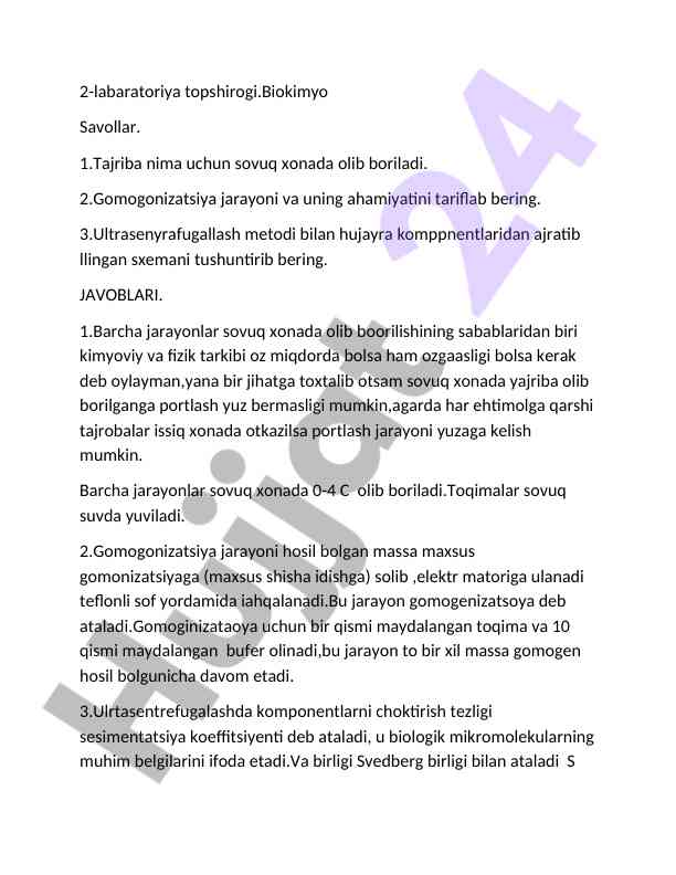 Biokimyo laboratoriya tajribalari savollari