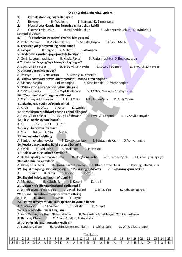 O'zbekiston tarixi va adabiyoti testi