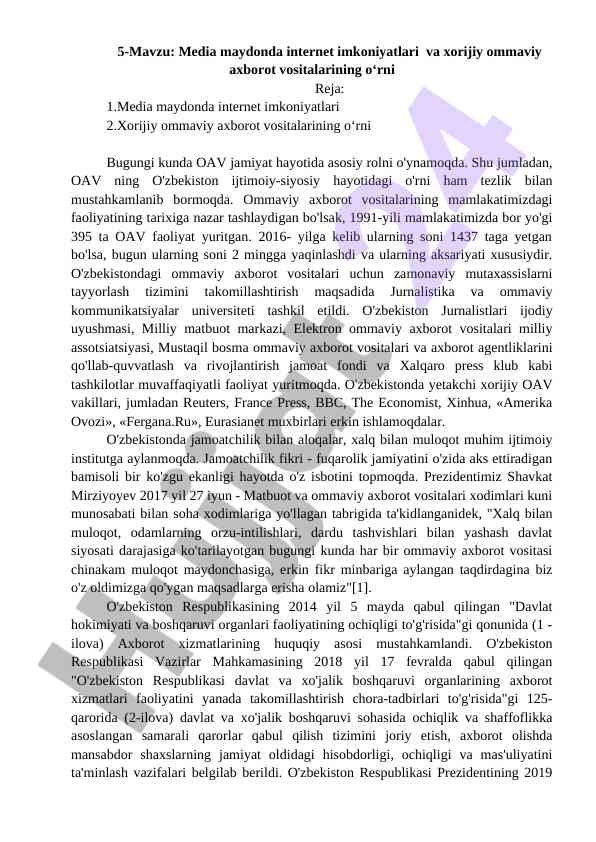 Media maydonda internet imkoniyatlari va ommaviy axborot vositalari