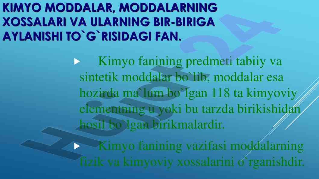 Kimyo moddalar va xossalari haqida ma'lumotlar