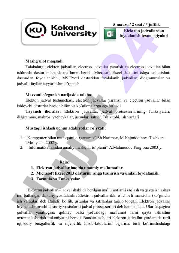 Taqdimot elektron jadvallar va excel dasturi