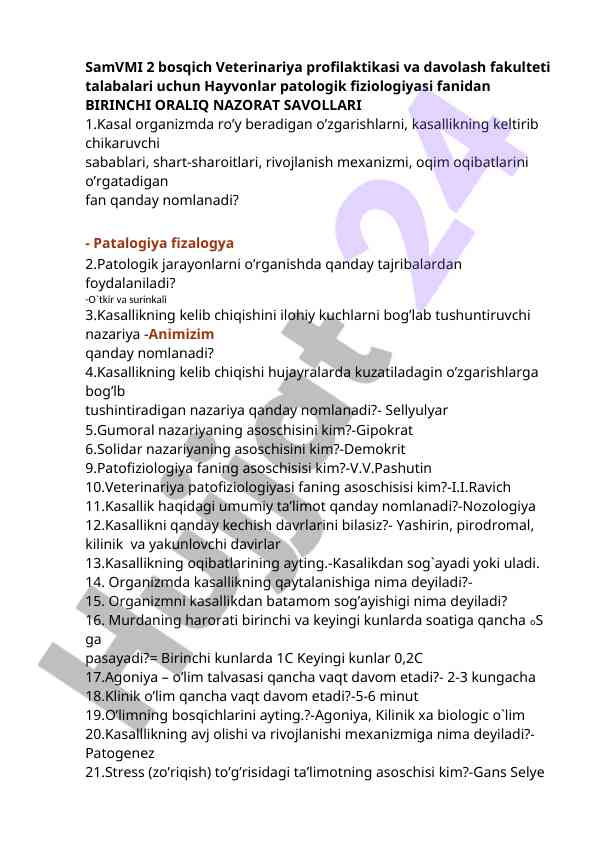 Hayvonlar patologik fiziologiyasi nazorat savollari